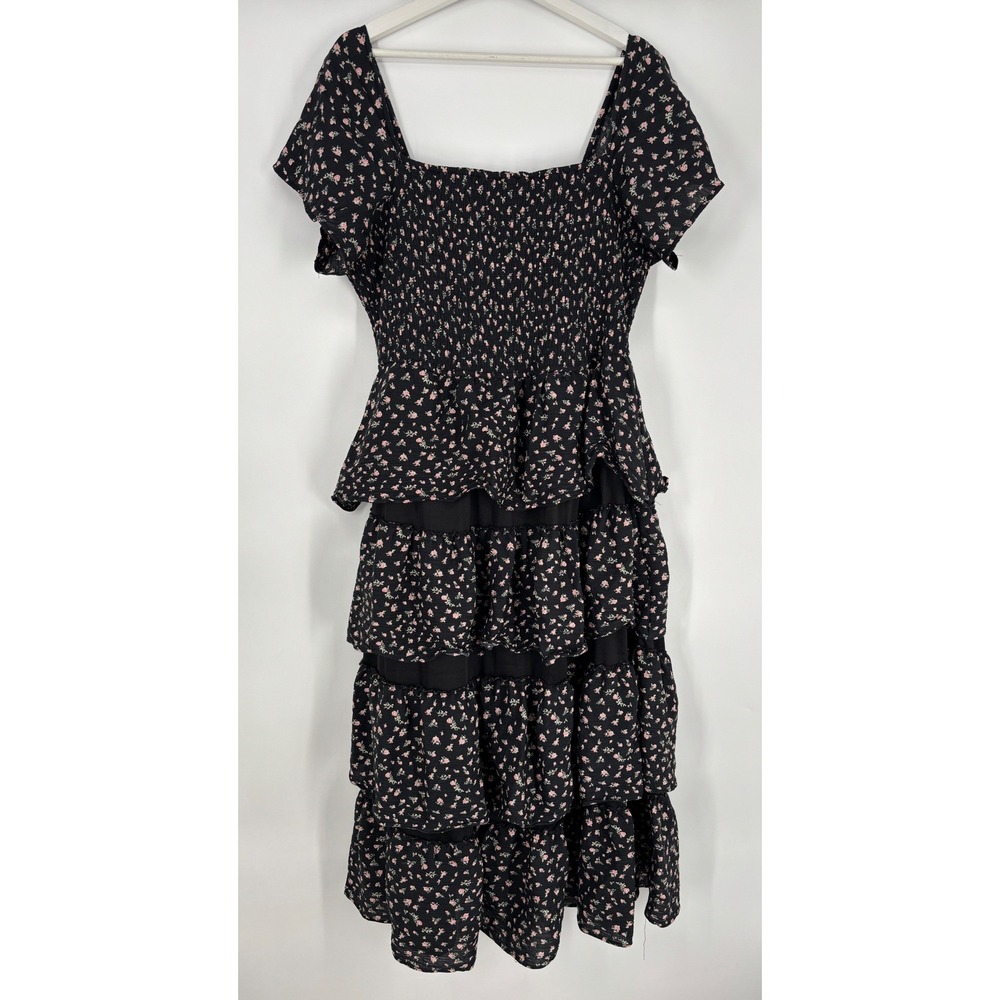AND NOW THIS Dress Womens 2X Black Floral Smocked Tiered Ruffle Midi Cottagecore